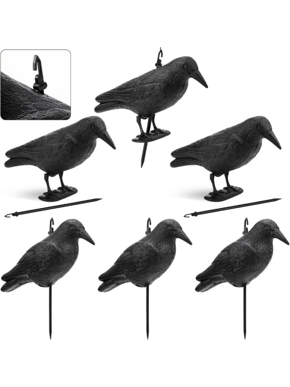 Realistic Crow Decoys Set of 6 with Stakes for Hunting, Yard, Garden Decor